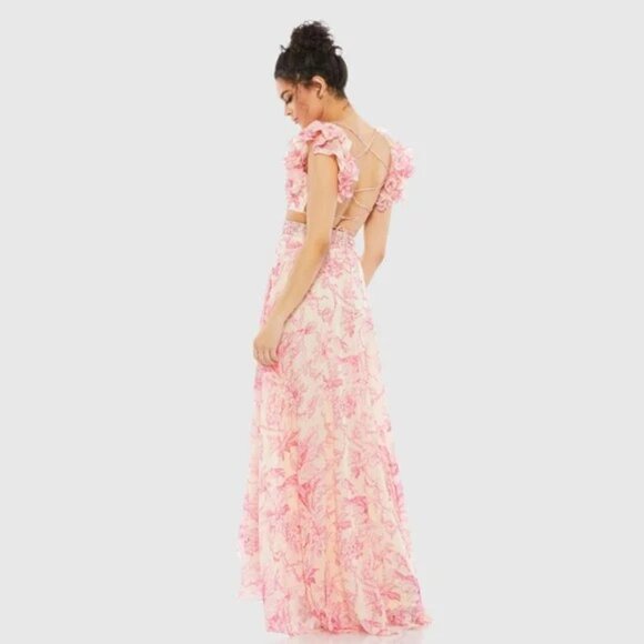 NWT MAC DUGGAL 9161PINK Floral Ruffle Shoulder Empire Waist Lace up Back sz 8 - Picture 4 of 13
